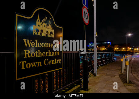 Welcome to Rotherham Town Centre sign at entrance to Rotherham from train station (South Yorkshire, England) Stock Photo