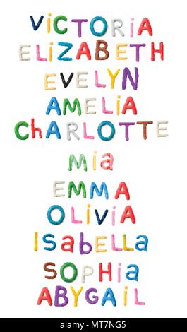 Handmade modeling clay girls names Stock Vector