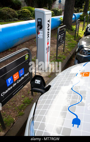 Renault ZOE of the carsharer Cambio at a charging station of the Mobilstation on the Charles-de-Gaulle square in the district Deutz, Cologne, Germany. Stock Photo