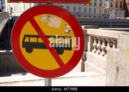 A 'no buses' road sign on a narrow road in Stockholm, Sweden Stock Photo