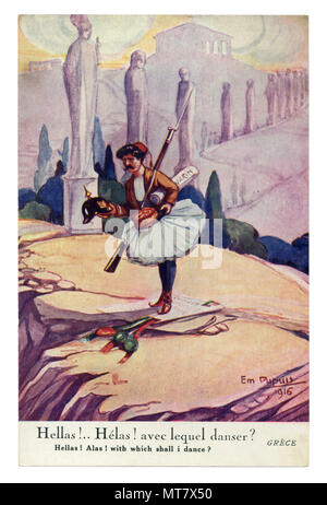 French historical postcard: Political satire in a neutral country: 'Helas! Alas! with wich shall I dance' Greece chooses an ally. world war one 1916. Stock Photo