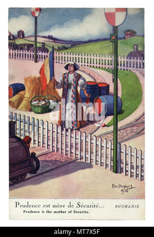 French historical postcard: Political satire in a neutral country: 'Prudence is the mother of Security' Romania, the road is closed. Train on the rail Stock Photo