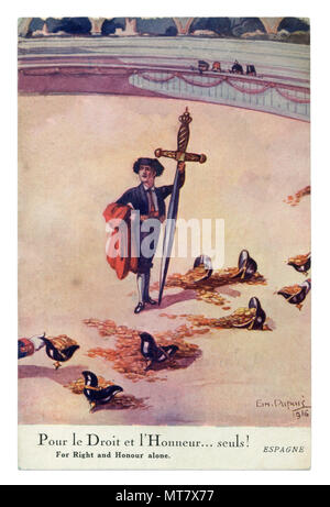 French historical postcard: Political satire in a neutral country: 'For right and Honour alone' Incorruptible Spain chooses who to be with. world war Stock Photo