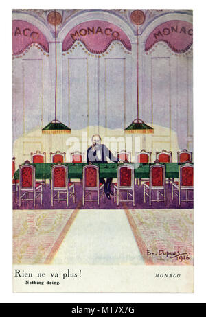 French historical postcard: Political satire in a neutral country: 'Nothing doing' Monaco. Empty casino. Everyone went to the front. world war one Stock Photo