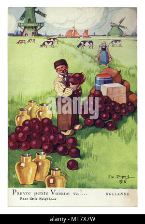 French historical postcard: Political satire in a neutral country: 'Poor little neighbour ' Prosperous Holland gathers a rich harvest. world war one Stock Photo