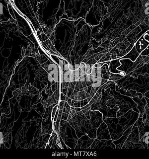 Area map of Grenoble, France. Dark background version for infographic and marketing projects. This map of Grenoble, Isère, contains typical landmarks  Stock Vector