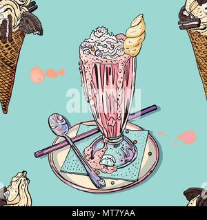Pink unicorn milk shake and cookie vanilla ice cream cone seamless pattern. Cute trendy pastel colors summer dessert background. Cafe, restaurant, textile delicious design. Stock Vector