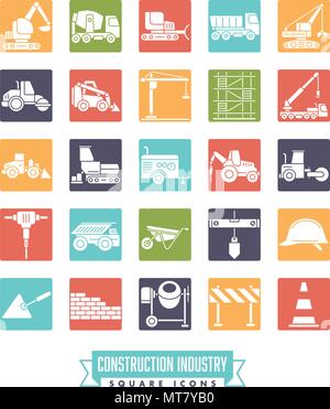 Industrial construction machinery and tools solid color square icon collection Stock Vector