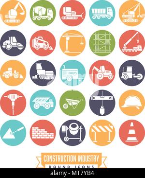 Industrial construction machinery and tools round solid color icon collection Stock Vector
