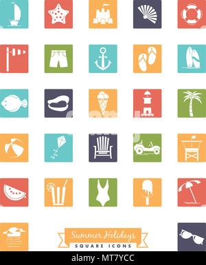 Vector collection of summer holiday, beach and seaside square color icons Stock Vector