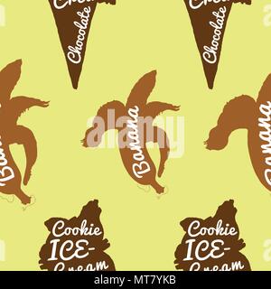 Hand-drawn vector summer cookie ice cream cone and banana silhouette delicious seamless pattern with inscriptions. Vintage retro style design for cafe, shop, home decoration. Textile, paper print. Stock Vector