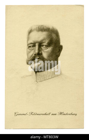 German historical postcard: Black and white painted portrait of Paul von Hindenburg with text: field Marshal General. world war one 1914-1918. Germany Stock Photo