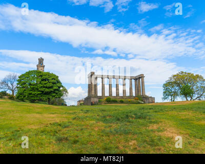 View of the National Monument of Scotland and the Nelson Monument, on Calton Hill in Edinburgh. Stock Photo