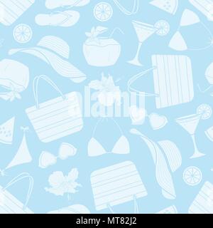 Light blue silhouette summer stuff random on blue background. Seamless pattern background design for Summer season in vector illustration. Stock Vector