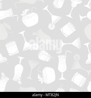 Silhouette cocktail and coconut water random on gray background. Seamless pattern background design for Summer season or drinks in vector illustration Stock Vector