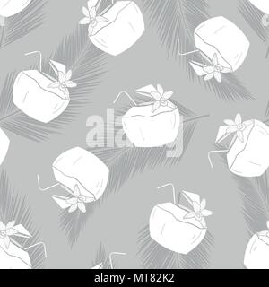 White silhouette coconut water wiht coconut leaves random on gray background. Seamless pattern background design for Summer season or drink in vector  Stock Vector