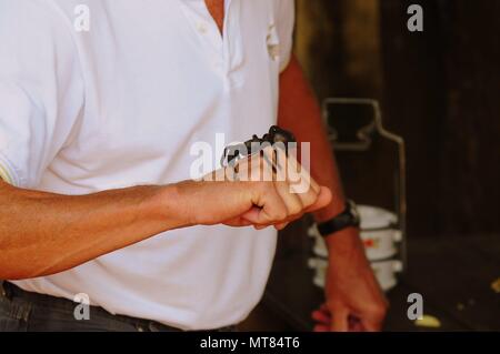 Tarantula spider crawls on the back of the a tourist's hand, Skuon, Cambodia Stock Photo