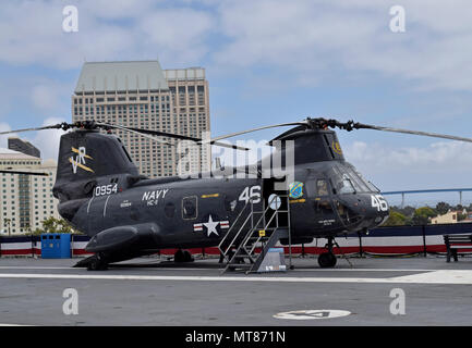 HH-46 Sea Knight resuply helicopter on the flight deck of the USS Midway Museum, aircraft Carrier, San Diego, California Stock Photo