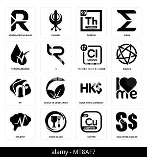 Set Of 16 simple editable icons such as singapore dollar, copper, food grade, epilepsy, , south african rand, hypoallergenic, nf, periodic table chlor Stock Vector