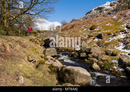 Countryside walkers on sunny snowy winter day, by tiny rustic footbridge over scenic stream - Hebden Beck, Hole Bottom, Yorkshire Dales, England, UK Stock Photo