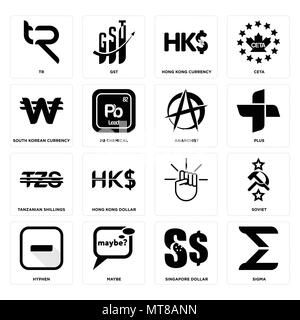 Set Of 16 simple editable icons such as sigma, singapore dollar, maybe, hyphen, soviet, tr, south korean currency, tanzanian shillings, anarchist can  Stock Vector