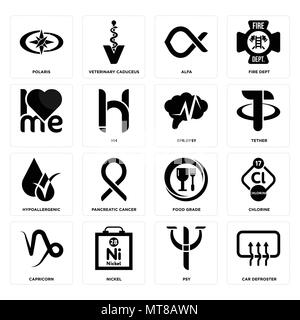 Set Of 16 simple editable icons such as car defroster, psy, nickel, capricorn, chlorine, polaris, , hypoallergenic, epilepsy can be used for mobile, w Stock Vector