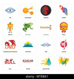 Set Of 16 simple editable icons such as, liquid nitro, savage, bull, karate, eye, mascot, dungeons and dragons, baseball can be used for mobile, web U Stock Vector