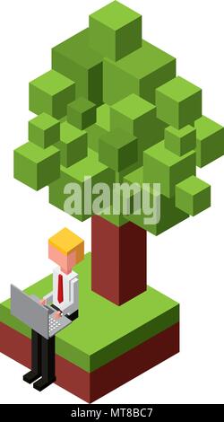 businessman working with laptop in the tree isometric avatar Stock Vector
