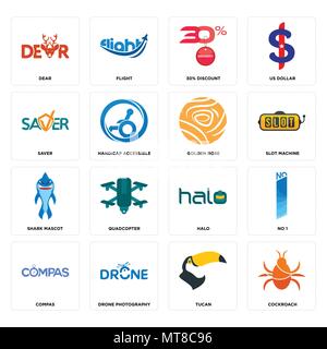 Set Of 16 simple editable icons such as cockroach, tucan, drone photography, compas, no 1, dear, saver, shark mascot, golden rose can be used for mobi Stock Vector