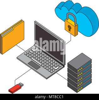 laptop connected usb cloud database and folder isometric Stock Vector