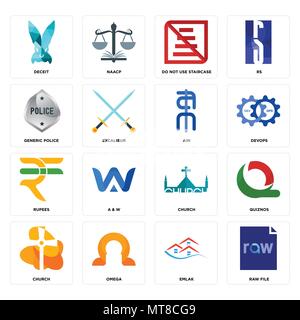 Set Of 16 simple editable icons such as raw file, emlak, omega, church, quiznos, deceit, generic police, rupees, ain can be used for mobile, web UI Stock Vector