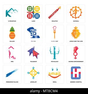 Set Of 16 simple editable icons such as generic hospital, smail, jewellry, peregrine falcon, women empowerment, k mountain, kalash, mrs, resturent can Stock Vector
