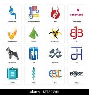 Set Of 16 simple editable icons such as bose, eac, mbbs, aturan, dth, endoscope, superpower, schnauzer, quarantine can be used for mobile, web UI Stock Vector