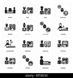 Set Of 16 simple editable icons such as Surgeon, carpenter, Farmer, Engineer, Postman, mover, Worker, housekeeper, Carpenter can be used for mobile, w Stock Vector
