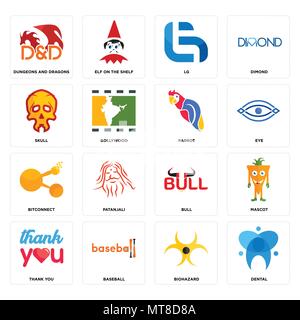 Set Of 16 simple editable icons such as dental, biohazard, baseball, thank you, mascot, dungeons and dragons, skull, bitconnect, parrot can be used fo Stock Vector