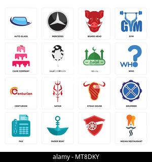 Set Of 16 simple editable icons such as indian restaurant, , paper boat, fax, drummer, auto glass, cake company, centurion, halal can be used for mobi Stock Vector