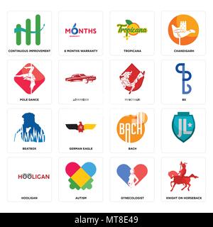 Set Of 16 simple editable icons such as knight on horseback, gynecologist, autism, hooligan, , continuous improvement, pole dance, beatbox, minotaur c Stock Vector