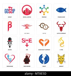 Set Of 16 simple editable icons such as bobcat, squat, grim reaper, orphanage, c fire, gossip, , mister, cofee can be used for mobile, web UI Stock Vector