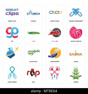 Set Of 16 simple editable icons such as quran, , rap, lung cancer, sauna, great clips, gg, wild hog can be used for mobile, web UI Stock Vector