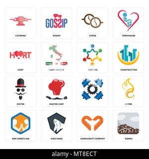 Set Of 16 simple editable icons such as sierra, handicraft company, king kong, arm wrestling, c fire, catering, hart, mister, peoples can be used for  Stock Vector