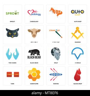 Set Of 16 simple editable icons such as blood drop, rowing, honeycomb, turn, v circle, sprout, , two hands, strike out can be used for mobile, web UI Stock Vector