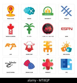 Set Of 16 simple editable icons such as ffs, farmacy, drama club, black mamba, pre school, pizza place, made in canada, ahp, domestic violence can be  Stock Vector