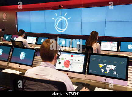 IBM Watson for Cyber Security is an artificial intelligence system developed by IBM to assist in analyzing and responding to cyber threats. The platform applies cognitive computing techniques to process security data and support investigations. The archival image documents the technology concept as presented for enterprise and government cybersecurity applications. Stock Photo