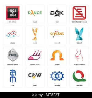 Set Of 16 simple editable icons such as quiznos, devops, cow, ain, gynaecologist, 1024x1024, emlak, generic police, cricket can be used for mobile, we Stock Vector