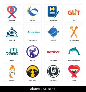 Set Of 16 simple editable icons such as syria, ge white, pack wolf, ashoka, elephand dolphin, double p, third eye, robo, geodesy can be used for mobil Stock Vector