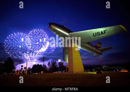 A static F-86 Sabre is displayed near the entrance of Spangdahlem Air Base, Germany, during an Independence Day celebration, July 4, 2017. The base hosted games, rides and fireworks to celebrate the anniversary of the adoption of the Declaration of Independence.(U.S. Air Force photo by Staff Sergeant Joshua R. M. Dewberry) Stock Photo