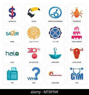 Set Of 16 simple editable icons such as gym, centurion, who, fax, steak house, us dollar, saver, halo, drummer can be used for mobile, web UI Stock Vector