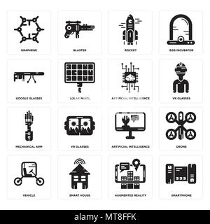 Set Of 16 simple editable icons such as Smartphone, Augmented reality, Smart house, Vehicle, Drone, Graphene, Google glasses, Mechanical arm, Artifici Stock Vector