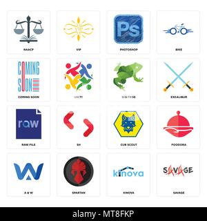 Set Of 16 simple editable icons such as savage, kinova, spartan, a & w, foodora, naacp, coming soon, raw file, big frog can be used for mobile, web UI Stock Vector