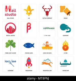 Set Of 16 simple editable icons such as viking ship, mountain lion, rocketship, lacrosse, o fire, nail studio, social justice, three leaf clover, comm Stock Vector